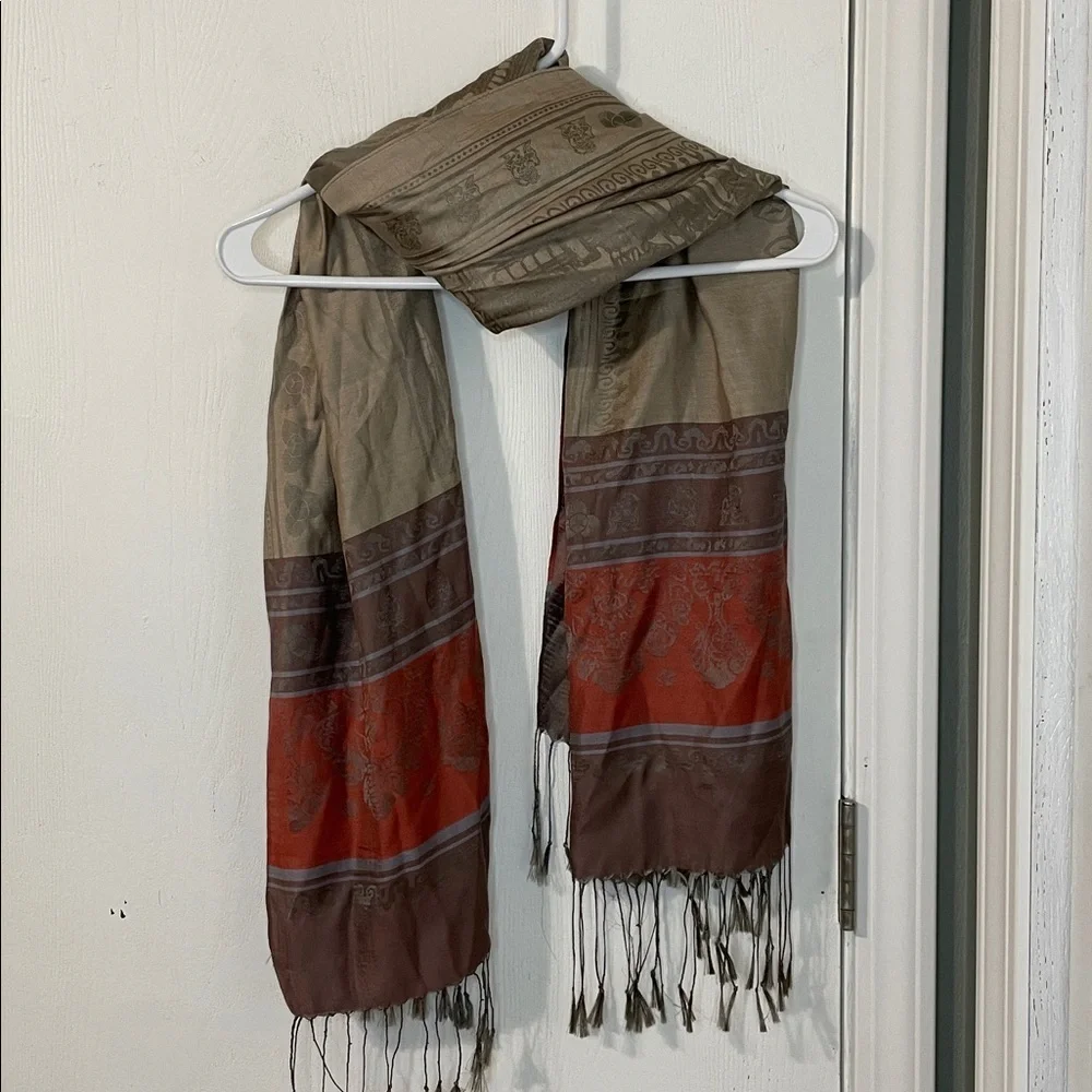 100% Silk Woven Scarf Shawl Boho Paisley Floral Pattern Brown Copper Fringe